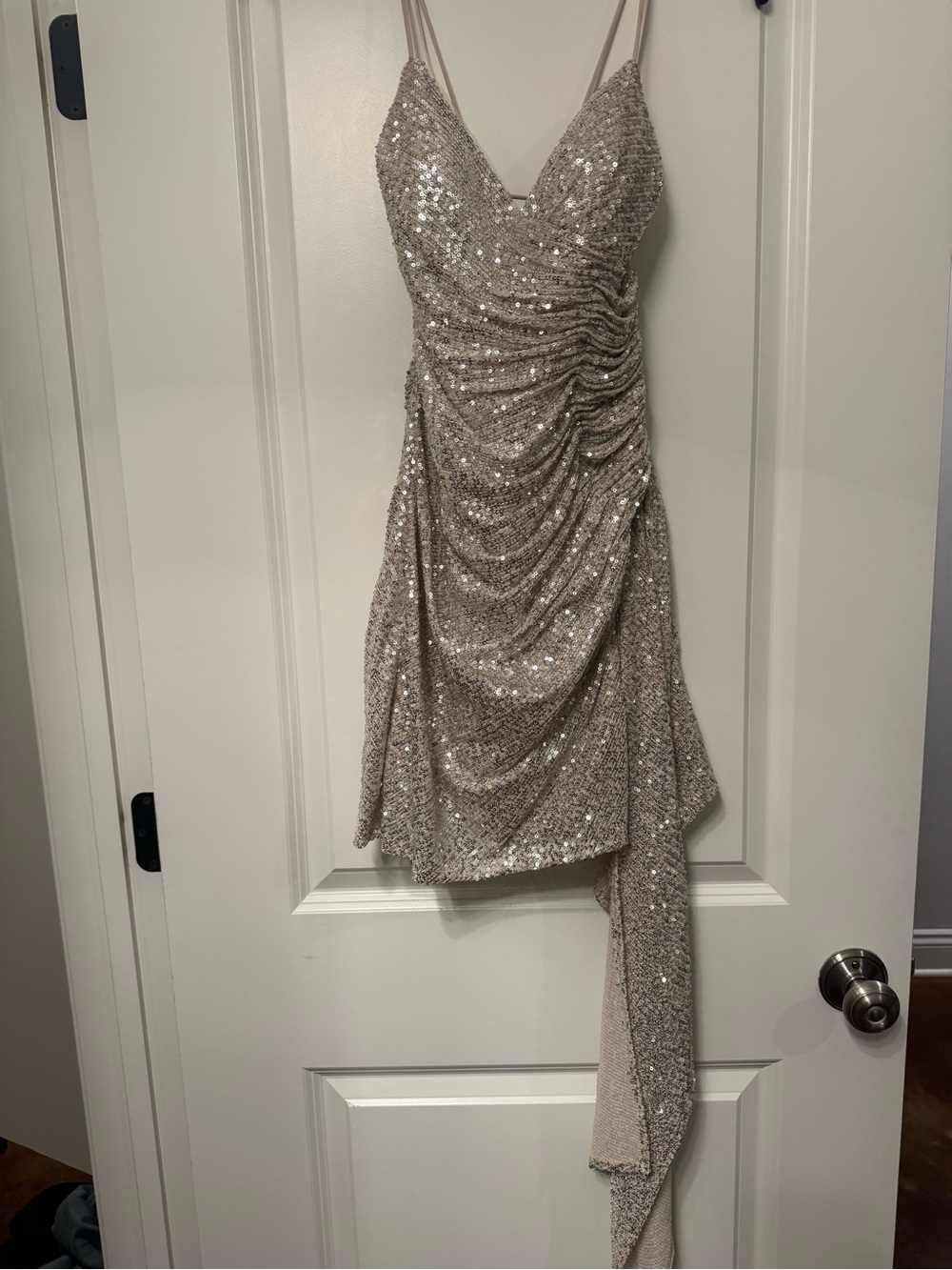 Gianni Bini Champagne Sequin Asymmetrical Ruched Slip Dress